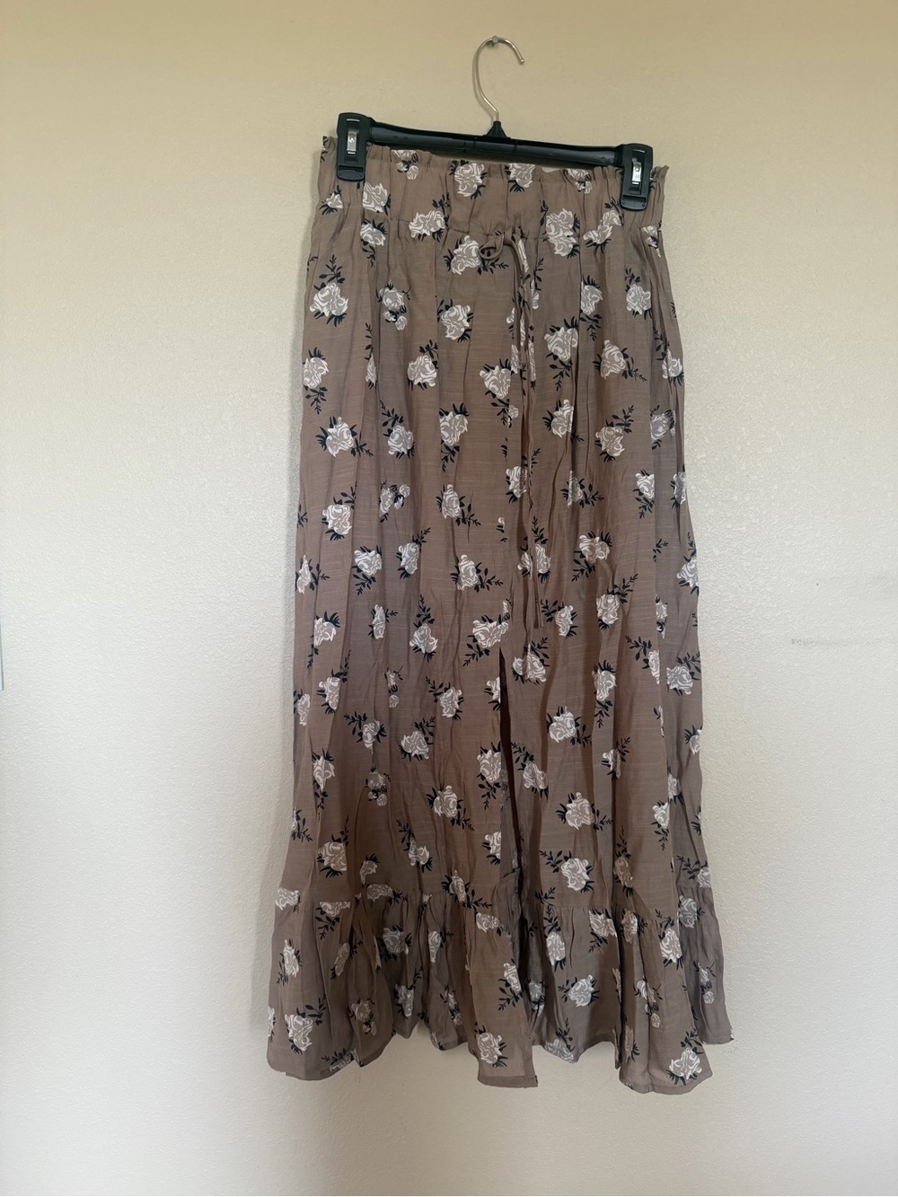 BiBi Taupe Floral Maxi Skirt with Ruffle Hem